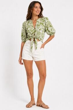 Rose + Olive Tie Front Blouse Puff Sleeve Floral Print Coastal Granny S NWOT